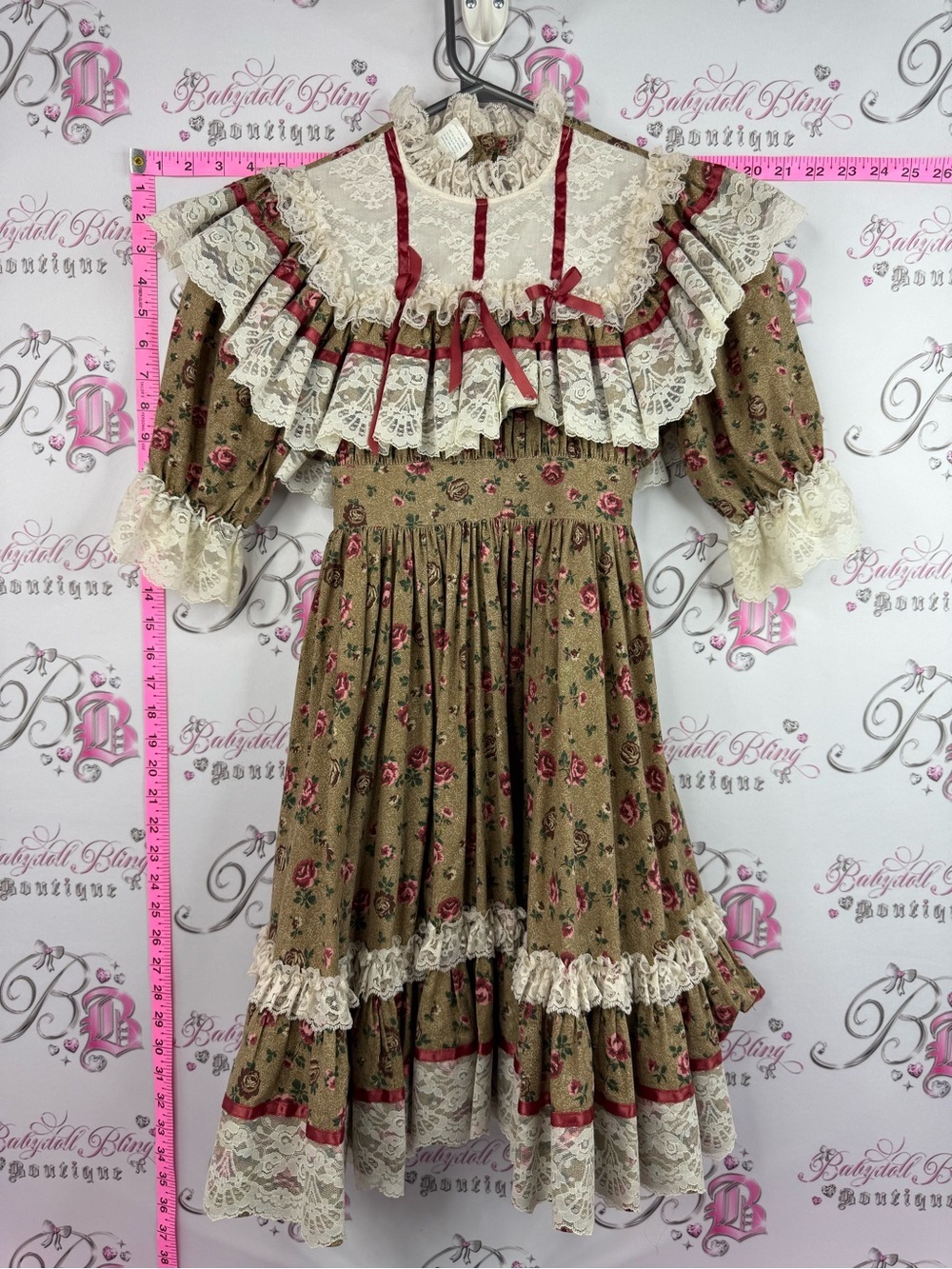 Kotton kandi Vintage Girls Floral Lace Formal Dress in Olive with Pink Accents